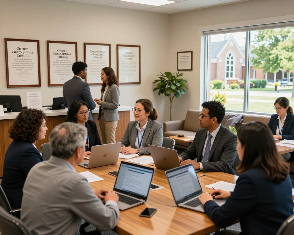 A welcoming Presbyterian Church office, bustling with professionals engaged in conversations about employment opportunities. In the foreground, a diverse group of individuals in professional business attire, collaborating around a large wooden table, with documents and laptops open in front of them. The middle ground features a display of framed church mission statements and cultural values on the walls, while a cozy reception area with comfortable seating can be seen. In the background, a window revealing a sunlit church exterior, surrounded by vibrant greenery, adds warmth to the scene. Soft, diffused natural lighting creates an inviting atmosphere, with a focus on conveying a sense of community, collaboration, and shared values. The overall mood is positive and encouraging, highlighting the importance of cultural fit in church employment.