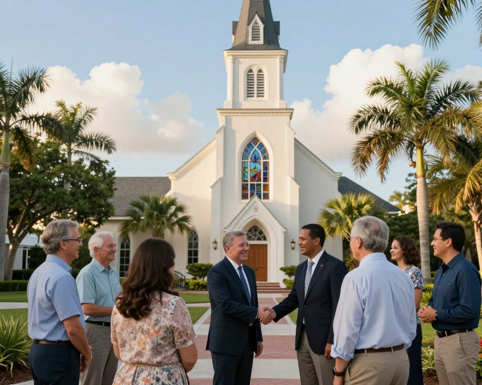 A welcoming Presbyterian church in Bonita Springs, Florida, surrounded by lush greenery and palm trees. In the foreground, a diverse group of people in professional business attire and modest casual clothing warmly greet each other, smiling and shaking hands, embodying a sense of community. The middle ground features the gracefully designed church building with classic architectural elements such as steeples and large stained-glass windows that catch the soft afternoon sunlight. In the background, the sunny sky is clear with a few fluffy clouds, enhancing the inviting atmosphere. The scene is captured from a slightly elevated angle, providing a sense of warmth and openness, with soft lighting creating a welcoming and friendly mood.