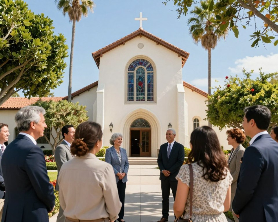 A welcoming Presbyterian church in San Diego, framed by lush greenery and a bright blue sky. In the foreground, a diverse group of people dressed in professional business attire and modest casual clothing stands together, smiling and engaging in conversation. In the middle ground, the church's inviting entrance is visible, showcasing beautiful stained glass windows and a well-maintained pathway leading to the door. The background features palm trees typical of San Diego, adding to the warm and sunny atmosphere. The sunlight casts a soft glow over the scene, enhancing the feeling of community and openness. The image should evoke a sense of belonging and encouragement, inviting individuals to consider joining this congregation.