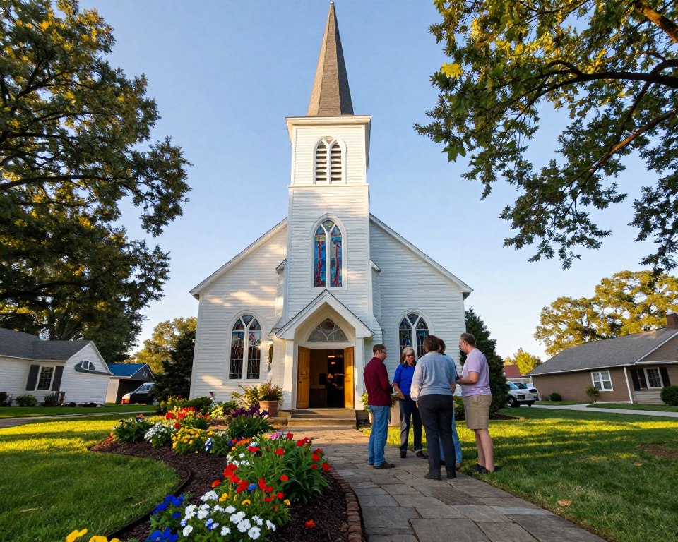 A welcoming Presbyterian church in a suburban setting, featuring traditional architecture with a tall steeple and stained glass windows. In the foreground, a well-maintained garden with colorful flowers and a stone pathway leading to the entrance. The middle ground showcases the inviting church entrance with wooden doors slightly ajar, hinting at warmth within. Soft morning light filters through the trees, casting gentle shadows on the lawn. A diverse group of modestly dressed individuals, including families and couples, are seen chatting amicably near the entrance, exhibiting a friendly and welcoming atmosphere. The background includes a clear blue sky and distant trees, creating a serene and peaceful vibe. The camera angle is slightly angled upwards to emphasize the church steeple, capturing the essence of community and spirituality.