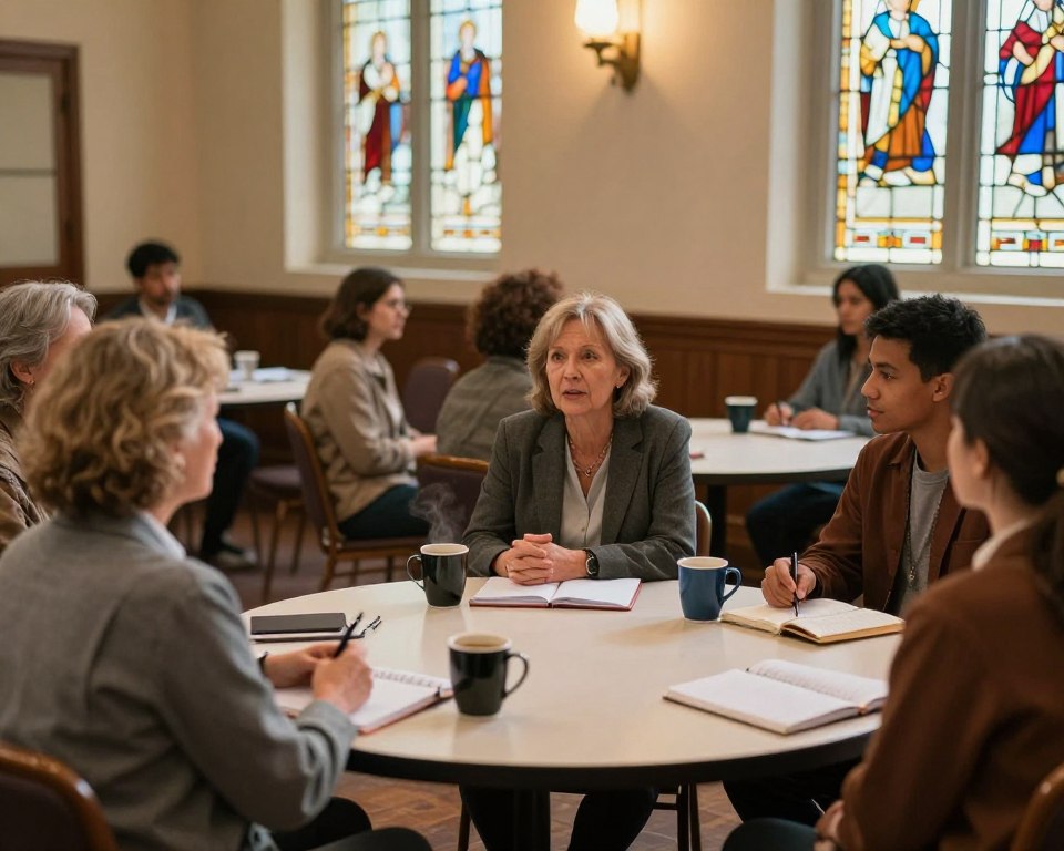 A welcoming scene depicting a diverse group of adults engaged in a meaningful discussion in a cozy church meeting room. In the foreground, a middle-aged woman in professional attire shares her thoughts, while a young man listens attentively, demonstrating active engagement. The middle layer features a round table with open notebooks and steaming coffee mugs, indicating an interactive and supportive atmosphere. In the background, warm, soft lighting filters through stained glass windows, casting colorful patterns on the walls, creating a serene ambiance. The overall mood is one of community, connection, and spiritual growth, inviting viewers to feel the warmth of fellowship and support typically found in adult ministries and support groups.