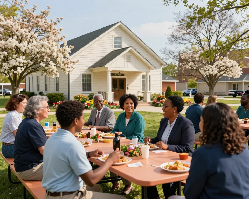 A welcoming scene depicting the Wilmington Presbyterian community engaged in outreach programs. In the foreground, a diverse group of community members, including adults and children in modest, professional attire, share meals and conversation at a vibrant outdoor picnic table. They are smiling and exchanging ideas, showcasing unity and collaboration. The middle ground features a cozy church building with a welcoming entrance, surrounded by blossoming trees and colorful flower beds, symbolizing growth and community spirit. In the background, a clear blue sky with soft, warm sunlight creates an uplifting atmosphere. The scene is captured with a slightly blurred foreground to emphasize the interaction among people, enhancing a sense of belonging and community engagement.