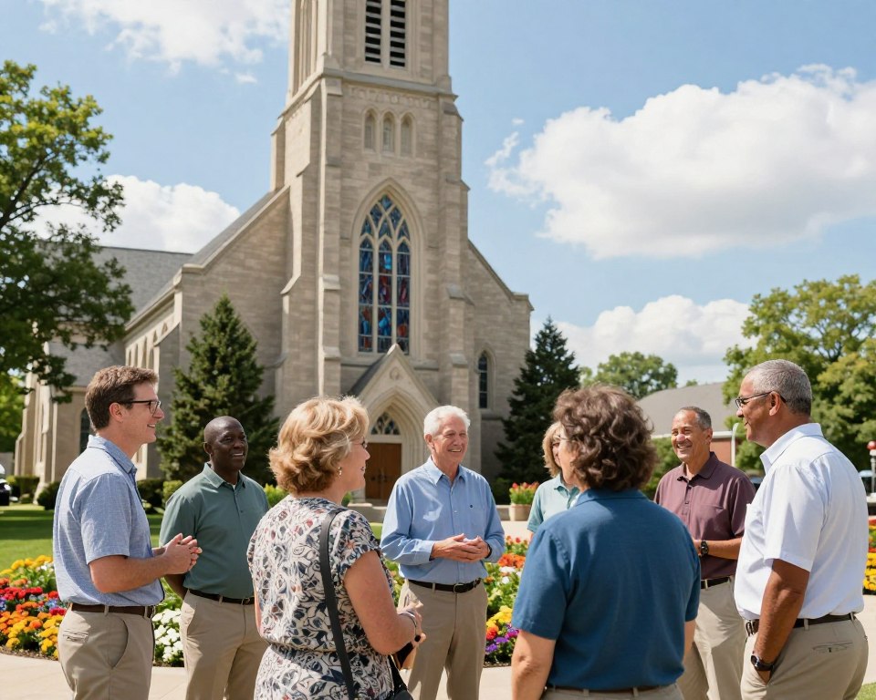 A welcoming scene of the United Methodist Church in Grand Rapids, showcasing a diverse group of community members in modest, professional attire, engaged in conversation and support. In the foreground, include a few adults smiling while sharing stories on a sunny day, embodying a sense of warmth and collaboration. In the middle ground, depict the church's beautiful architecture with stained glass windows, surrounded by lush greenery and colorful flower beds, illustrating a vibrant and inviting atmosphere. The background should feature a clear blue sky with soft, fluffy clouds, adding to the serene environment. Use natural, diffused lighting to enhance the inviting mood and create a peaceful, community-oriented feel in the image.