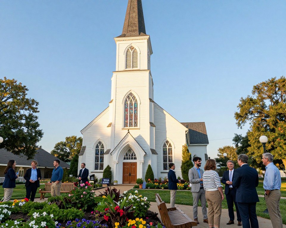 A welcoming view of the Huntsville Faith Community, showcasing a charming Presbyterian church with a classic architecture featuring tall stained glass windows and a tall steeple. In the foreground, a well-kept garden with vibrant flowers and benches invites visitors, while a diverse group of people in professional business attire and modest casual clothing engage happily in conversation. In the middle ground, the church's welcoming entrance is adorned with a large wooden door and a sign inviting visitors. The background features a clear blue sky with soft, warm sunlight casting gentle shadows, enhancing the inviting atmosphere. The scene is viewed from a slightly elevated angle, capturing both the church and the community spirit it fosters.