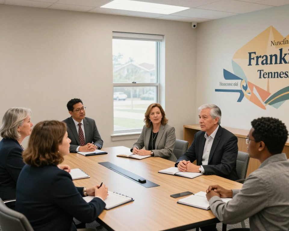 A well-organized Presbyterian church leadership team in Franklin, Tennessee, gathered in a modern, inviting church office. In the foreground, diverse professionals—men and women of various ages—wearing professional business attire, are engaged in discussion around a conference table with opened notebooks and tablets. The middle ground features a large window allowing natural light to illuminate the space, creating a warm and welcoming atmosphere. In the background, a stylish mural representing the church’s values is displayed on a wall. The scene is captured from a slightly elevated angle, emphasizing collaboration and community. Soft, diffused lighting enhances the professional yet friendly mood, inviting viewers into the thoughtful leadership dynamic of the church.