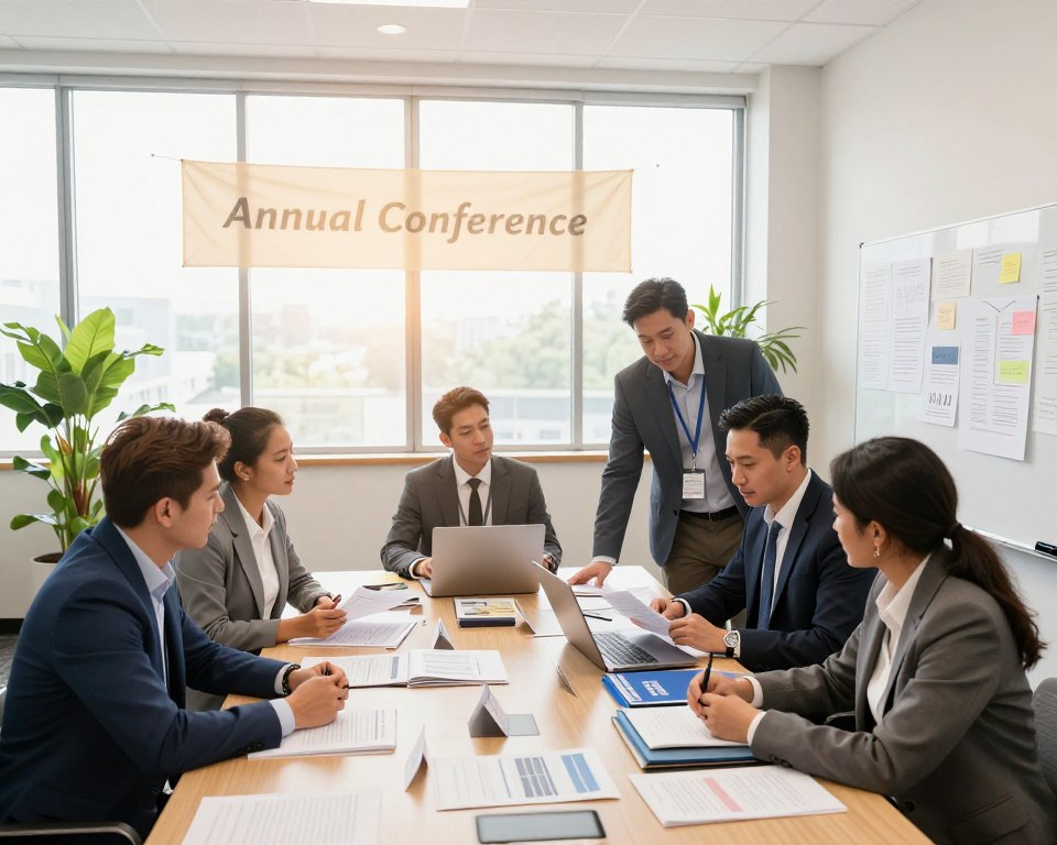 A well-organized conference preparation scene set in a large, bright meeting room. In the foreground, a diverse group of four individuals, dressed in professional business attire, are engaged in discussion while reviewing documents and a laptop. One person stands at a whiteboard filled with notes and plans, while others gather around a table strewn with brochures, folders, and name tags, actively brainstorming. In the middle background, large windows let in warm, natural light, highlighting a banner that reads "Annual Conference" in an elegant font. The setting is surrounded by plants that add a touch of warmth. The atmosphere is collaborative and focused, conveying a sense of anticipation and preparation. The angle is slightly elevated, giving a clear view of the people and the organized materials on the table.