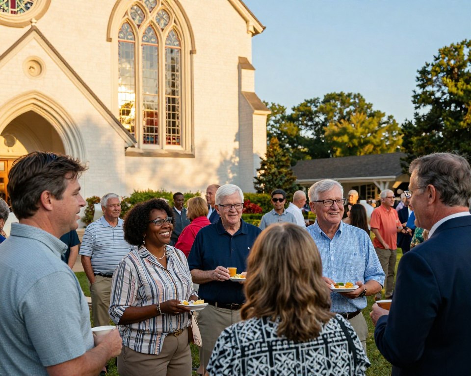An inviting scene of a Presbyterian church event in Birmingham, AL, capturing a diverse group of attendees gathered in a warm, community-focused atmosphere. In the foreground, smiling members of various ages chat and enjoy refreshments, dressed in smart casual and professional attire, embodying inclusive community spirit. The middle ground features the church building, showcasing its classic architecture with stained glass windows reflecting soft, warm light from the golden hour. The background includes lush greenery and a clear blue sky, enhancing the feeling of harmony and hope. The image is illuminated with gentle, natural lighting that enhances warmth and approachability, conveying a sense of fellowship and shared experiences. The composition is shot from a slightly elevated angle, inviting viewers to feel as though they are part of this vibrant community gathering.