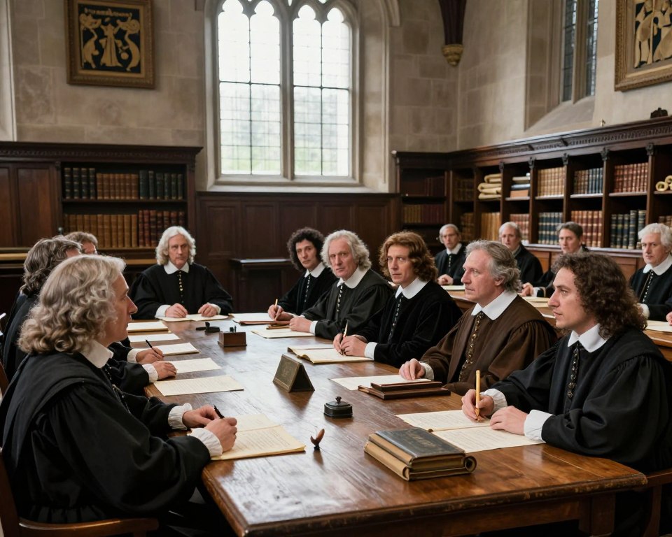 Westminster Assembly taking place in a grand, historic chamber filled with scholars and theologians in professional 17th-century attire, seated at a long wooden table covered with parchments and quills. The foreground features a diverse group of men engaged in heated discussion, their expressions intense yet respectful. In the middle, large windows allow soft, natural light to illuminate the room, highlighting the intricate woodwork and stone walls adorned with religious symbols. The background reveals shelves filled with leather-bound books and scrolls, emphasizing the importance of knowledge and debate in this pivotal moment of Church history. The atmosphere is serious and contemplative, capturing the essence of theological inquiry and foundational decision-making.
